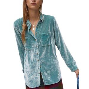 Pilcro Crushed Velvet Button-Up Shirt Long Sleeves Shirt Sz 8 Petite Womens Blue
